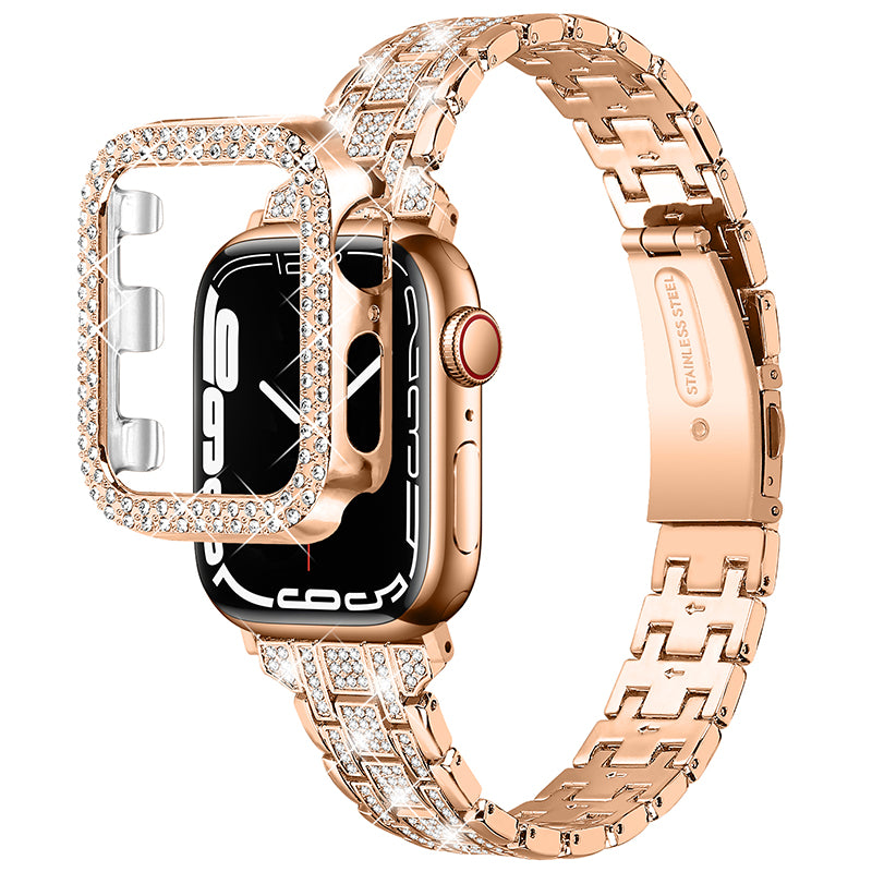 For Apple Watch Series 7 41mm 5 Rows Stainless Steel Rhinestone Decor Dual-layer Clasp Watch Band + PC Watch Case For Apple Watch Series 7 41mm 5 Rows Stainless Steel Rhinestone Decor Dual-layer Clasp Watch Band + PC Watch Case